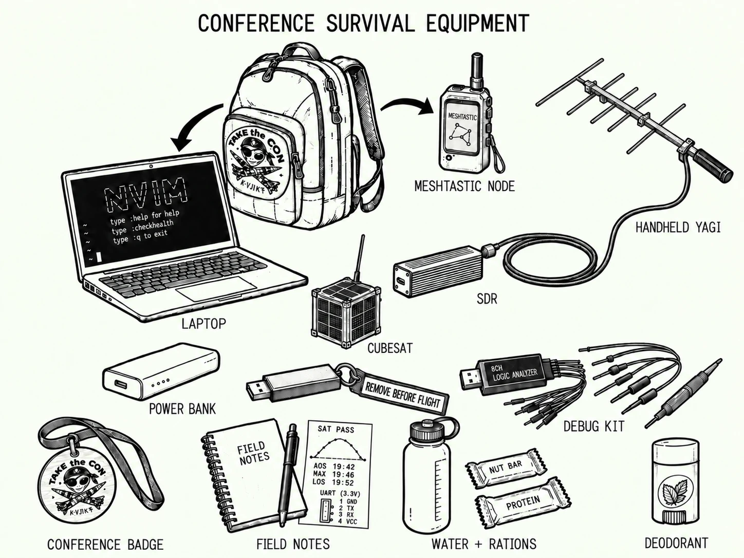 Conference survival equipment laid out in Apollo press-kit style: a TTC backpack and round wooden badge, a laptop running Neovim, Meshtastic radio, Yagi antenna connected to an SDR, CubeSat, debug tools, USB stick, power bank, field notebook, snacks, water and deodorant.