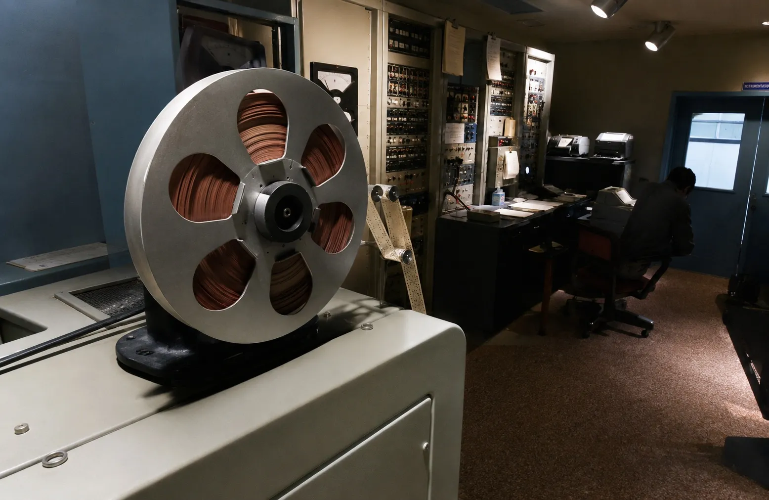 A reel-to-reel tape recorder at the Goldstone tracking station capturing telemetry from the Mariner II Venus probe, 1963