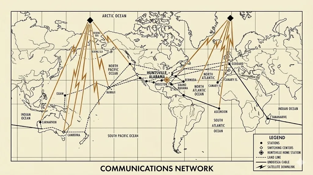 A vintage-style world communications-network map: ground stations and switching centers across the continents linked by cable, land line, and amber satellite downlinks, with Huntsville, Alabama marked as the home station