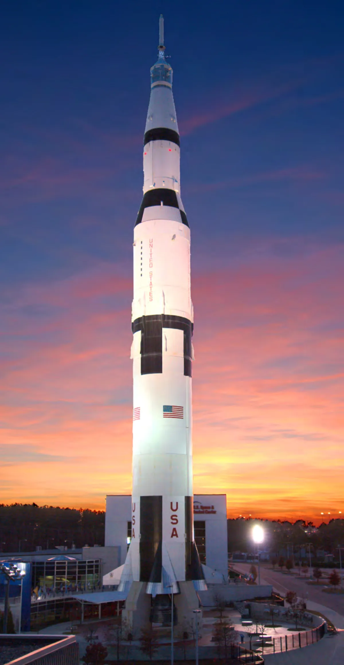 The standing Saturn V at the U.S. Space and Rocket Center at dusk