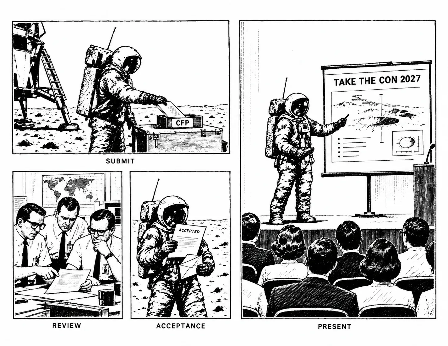 An Apollo astronaut places a paper proposal in a CFP tray on the Moon.